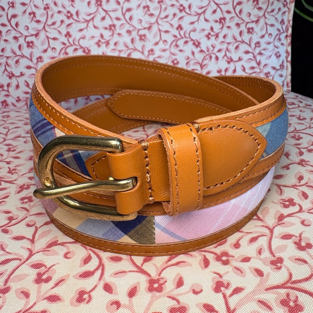 J. Crew Tan Madras Plaid Belt with Brass Buckle